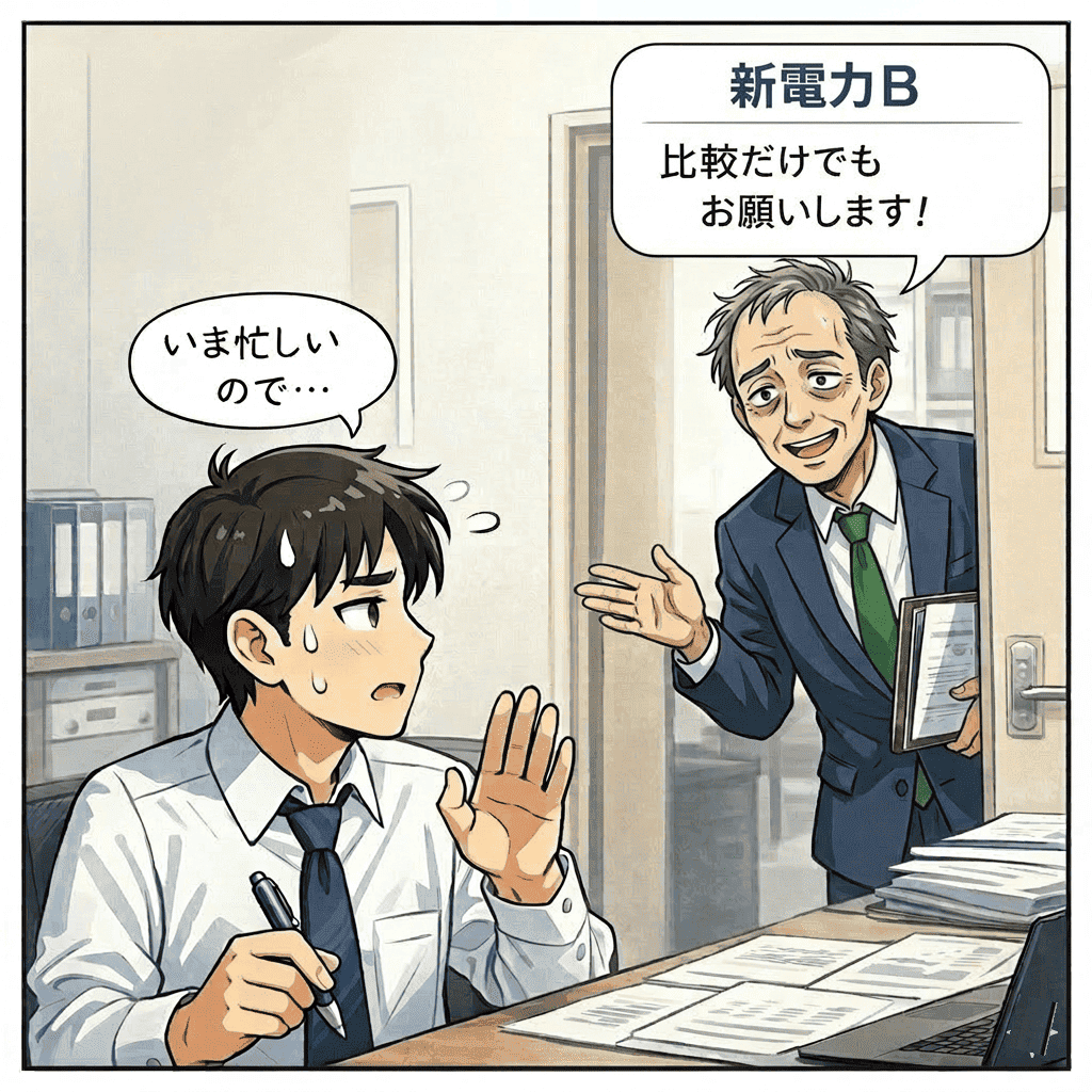 新電力Bの訪問や比較依頼で困る事業者のイラスト